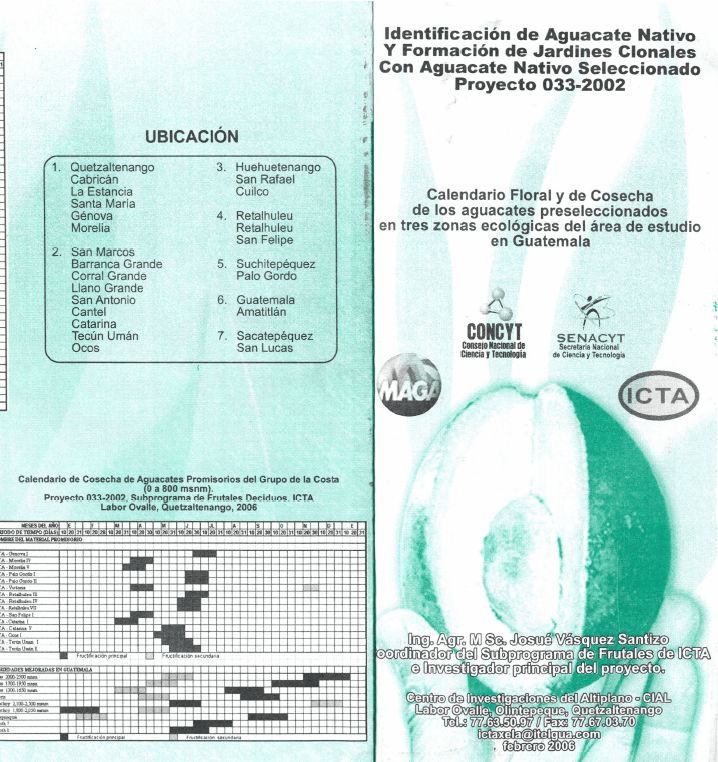 Calendario floral y de cosecha de los aguacates preseleccionados en tres zonas ecológicas del área de estudio en Guatemala (2006)